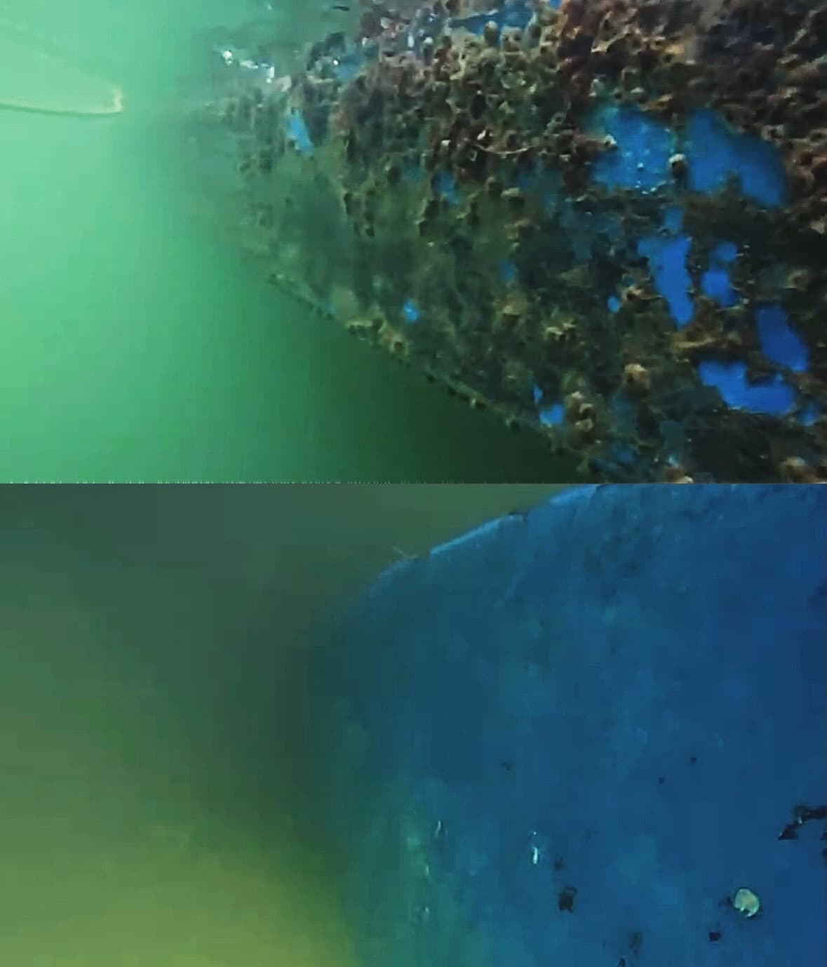 Split underwater before-and-after view shows a heavily fouled blue boat hull above and a cleaned hull below.